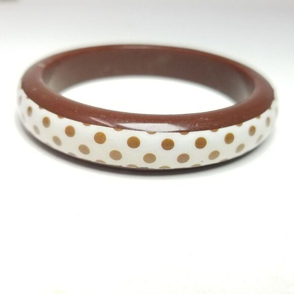 Vintage Brown and White Plastic Polka Dot Bangle Bracelet, Retro Stacking Estate - Picture 6 of 6